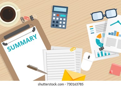 "Summary" text on paper sheet with chart, spectacles, pen, and paper clip on wooden table