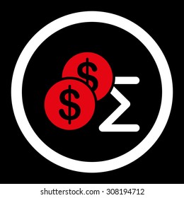 Summary vector icon. This flat rounded symbol uses red and white colors and isolated on a black background.