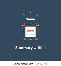 Summary writing concept, brief information, text edit, content review, article compilation, short and fast reading, copywriting services, vector line icon, thin stroke