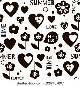 Summe abstract seamless pattern.Black and white design typography print with hearts and flowers