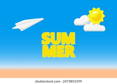 Summe poster with text SUMMER, paper plane, sun and clouds. Vector illustration.