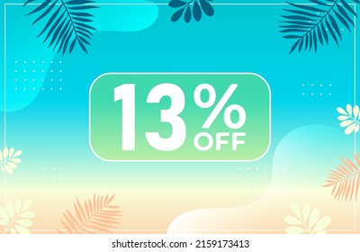 Summer 13% off. Blue banner with 13 percent discount on a green balloon for mega big sales. 13% sale