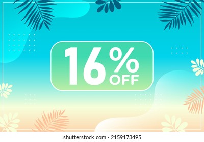 Verano 16% de descuento. Banner azul con 16 por ciento de descuento en un globo verde para grandes ventas. 16% de venta