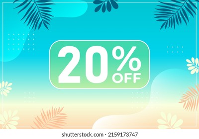 Verano 20% de descuento. Banner azul con 20 por ciento de descuento en un globo verde para grandes ventas. 20% de venta