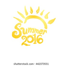 Summer 2016. Sun and text. Handwritten banner.
