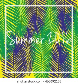 Summer 2016 vector. Signs,symbols inscription summer 2016 on a background with palm tree leaves in colors of the Brazilian flag.