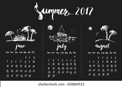 Summer 2017 calendar with calligraphy elements and palm trees. June, july, august set with illustrations. Week starts Sunday.