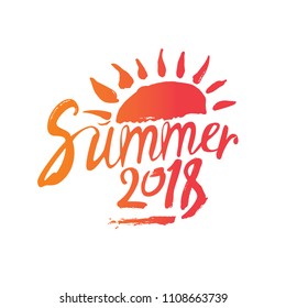 Summer 2018. Hand drawn inscription and sun. Vector design logo template.