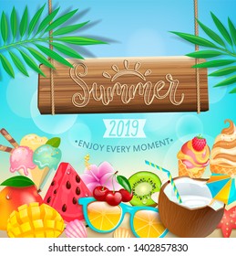 Summer 2019 greeting card on tropical bokeh background with ice cream, kiwi, mango, orange, coconut, watermelon and berries. Bright template for your design. Vector Illustration.