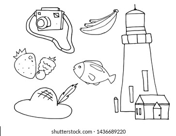 Summer 2019 vacation. Lighthouse, fish, bananas, camera, straw hat and berries. Vector graphic black and white set.