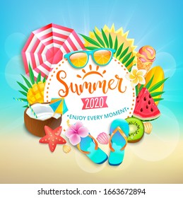 Summer 2020 greeting banner. Bright symbols of hot season - ice cream cocktail, watermelon, mango and kiwi, tropical leaves. Promo template for your design, web, advertise.Vector Illustration.