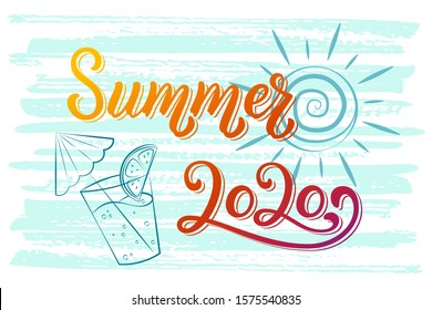 Summer 2020 lettering phrase on blue texture for banners, party invitations or calendar planners. Calligraphy quote for 2020 year calendar, monthly logo, bullet journal or monthly organizer.
