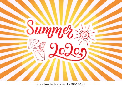 Summer 2020 lettering phrase on yellow background for banners, party invitations or calendar planners. Calligraphy quote for 2020 year calendar, monthly logo, bullet journal or monthly organizer.