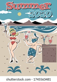 Summer 2020 Vacation Comic Illustration, Beach Party, Man and Woman with Face Masks, 2020 Fashion New Trend