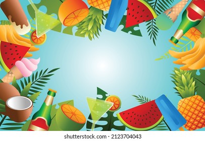 Summer 2022 bright greeting banner. Sweet symbols of hot season - ice cream, watermelon, mango and kiwi, strawberry and tropical leaves on two colors geometric background.Vector Illustration.