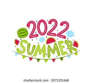 Summer 2022 logo with hand drawn watermelons, clouds and garland. Seasons emblem for the design of calendars, seasons postcards, diaries. Doodle Vector illustration isolated on white background.