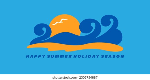 Summer 2023 holiday card design. Sea shore, waves, beach, sun. Vacation, tourism, relax concept.