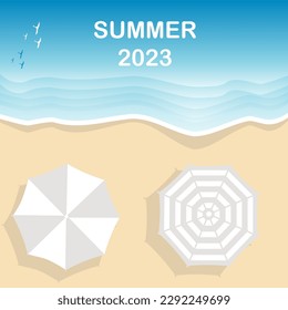 Summer 2023 poster background. Beach banner with two umbrellas