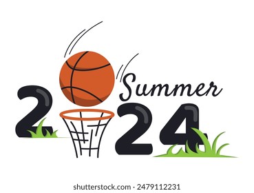 Summer 2024. Basketball competition. Bright vector illustration with basketball ball and hoop 