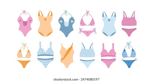 Verano 2024. Conjunto de bikini, diferentes trajes de baño para el verano, la playa, viajar. Ilustración vectorial.