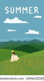 Summer 2024. Summer  is coming, hello Summer, pink flower and girls on meadow.  Vector illustration