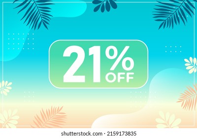 Verano 21% de descuento. Banner azul con 21 por ciento de descuento en un globo verde para grandes ventas. 21% de venta