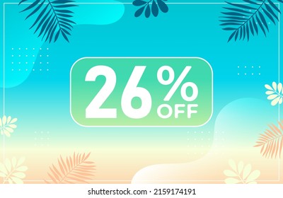 Verano 26% de descuento. Banner azul con 26 por ciento de descuento en un globo verde para grandes ventas. 26% de venta