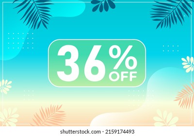 Summer 36% off. Blue banner with 36 percent discount on a green balloon for mega big sales. 36% sale