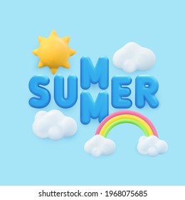 Summer 3d banner design. Realistic render scene tropical sky, sun, rainbow, cloud. Tropic summertime objects, Holiday web poster, modern flyer, seasonal brochure, cover, background