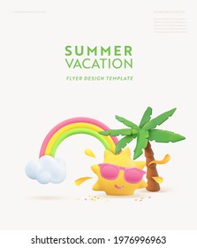 Diseño de pancartas 3d de verano. Espalda real de palmera tropical, sol, arco iris, nube. Objetos de playa tropical, afiche web de vacaciones, volante, folleto de temporada, portada.  Fondo moderno de verano