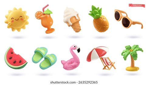 Summer 3d cartoon vector icon set