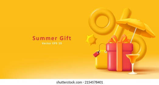 Summer 3d composition with gift box and umbrella with suitcase, travelling vacation promo. Vector illustration