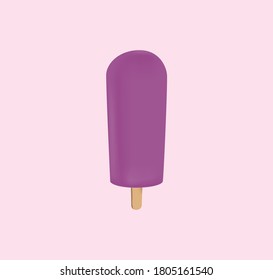 Summer 3D Design Popkultur. Lila Popsicle Eis, Vektorgrafik auf grau-rosa Hintergrund. Traubeneis auf einem Stock. Helle Farbe, Sommerstimmung.