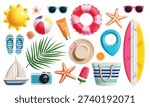 Summer 3d elements clipart set. Beach Summer elements colorful clip art collection like floaters, surfboard, sun, beachball, sea shells, hat and tote bag travel objects in white background vector illustration.
