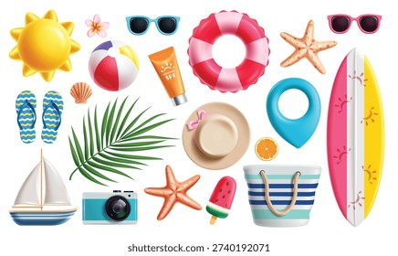 Summer 3d elements clipart set. Beach Summer elements colorful clip art collection like floaters, surfboard, sun, beachball, sea shells, hat and tote bag travel objects in white background vector illustration.
