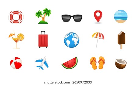 Summer 3d icon set. Large set of vector icons isolated on white background.