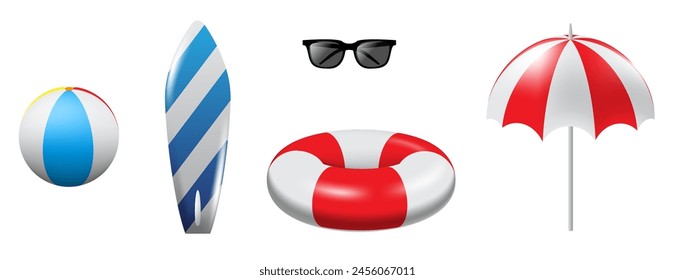 summer 3d icon set on white background. vector illustration