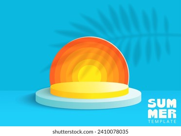 Podio 3d de verano para mostrar nuevos productos sobre fondo azul con sombra de hoja tropical. Recorte redondo para ofertas de temporada alta, promociones, presentaciones.Escena de plantilla con una composición mínima.Vector