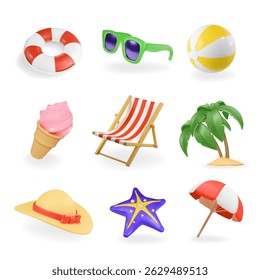 Summer 3d realistic icons. Sunglasses, starfish, palm tree, inflatable ball, ice cream, beach chair. Travel Tourism elements