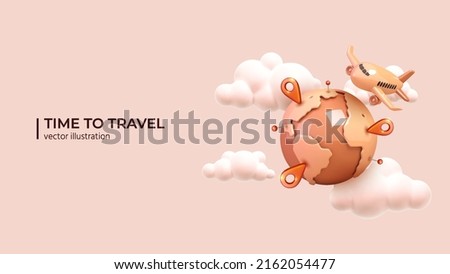 Summer 3d realistic render. Airplane flies around the planet in beautiful white clouds. Summer holidays, airplane flights. Travel concept in Realistic 3d cartoon minimal style. Vector illustration
