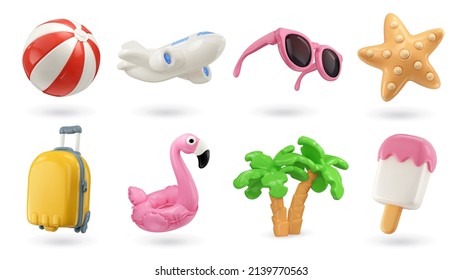 Juego de iconos de vector de representación realista 3d de verano. Balón inflable, avión, gafas de sol, pez estrella, maleta, flamingo, palmeras, helado
