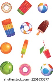 Summer 3d realistic render vector icon set.