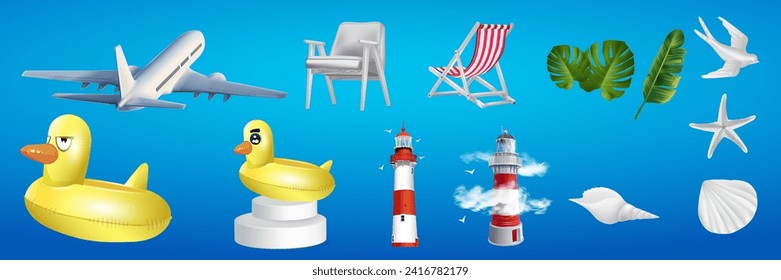 Summer 3d realistic render vector icon set. Inflatable ball, airplane, sunglasses, starfish, suitcase, flamingo, palm trees, ice cream