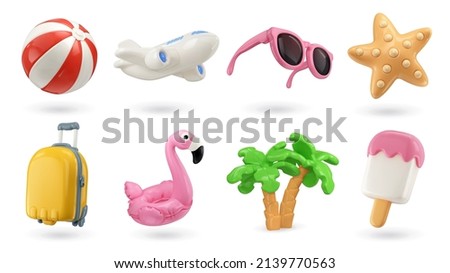 Summer 3d realistic render vector icon set. Inflatable ball, airplane, sunglasses, starfish, suitcase, flamingo, palm trees, ice cream