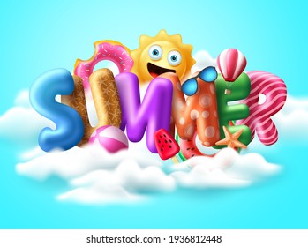 Summer 3d text balloon vector banner design. Summer balloons with colorful beach elements like floaters, beachball, sunglasses and air balloon in blue sky background for summer holiday season. Vector 