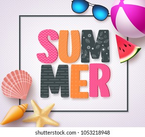 Summer 3D text banner design with colorful patterns and summer beach holiday elements in a white texture background and boarder. Vector illustration.
