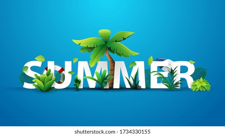 Diseño de banner de texto 3d de verano con título blanco y elementos tropicales en fondo azul para su arte. Ilustración vectorial con árboles tropicales y arbustos.