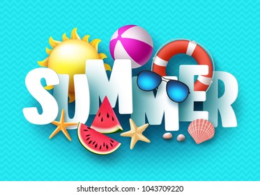 夏季 3D 文本矢量横幅设计与白色标题和多彩的热带海滩元素蓝色图案背景夏季。 矢量插图。