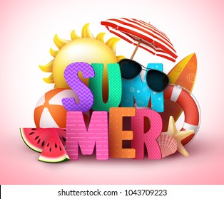 Summer 3d text vector banner design with colorful title and realistic tropical beach elements in a background for summer holiday season. Vector illustration.
