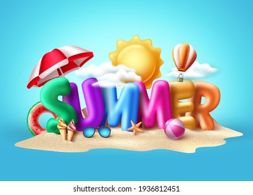 Summer 3d text vector banner design. Summer balloon text with colorful beach elements like umbrella, beachball, floaters and ice cream in sand island background for holiday vacation. Vector 